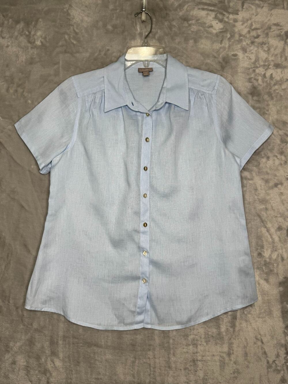 J. Jill Top Womens Small Light Blue 100% Linen Button Down Cap Sleeve Natural